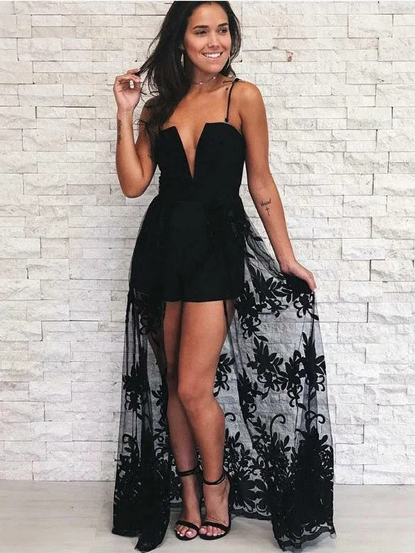 A Line V Neck Black Lace Prom Dresses, Black Lace Formal Graduation Evening Dresses