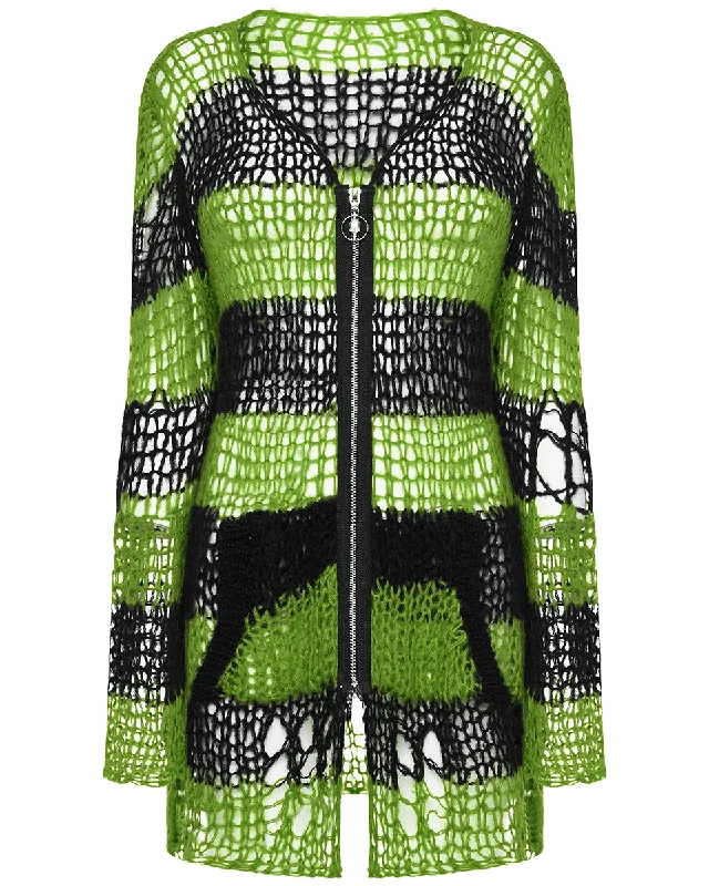 Punk Rave Womens Gothic Striped Shredded Cardigan Sweater - Green & Black Seamless Knitted Crochet Punk Rave Womens Gothic Striped Shredded Cardigan Sweater - Green & Black Seamless Knitted Crochet