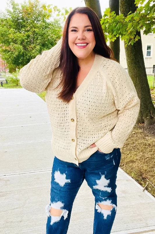 Follow Me Oatmeal Pointelle Knit Button Down Cardigan Cashmere Blend Cotton Blend Poly Blend