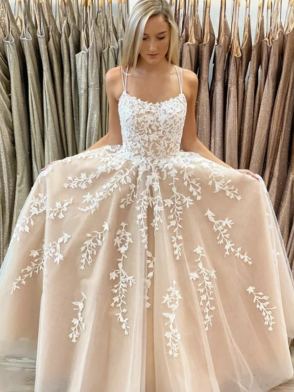 A Line Champagne Long Lace Prom Dresses, Champagne Lace Formal Evening Dresses