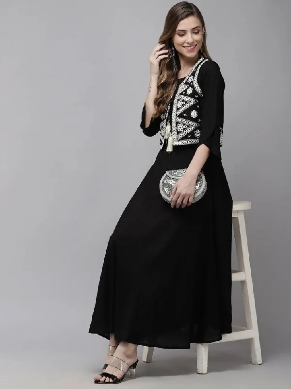 Yufta Women A-Line Black Dress With White Embroidered Jacket Anorak Shell Jacket Lightweight Jacket Yufta Women A-Line Black Dress With White Embroidered Jacket Anorak Shell Jacket Lightweight Jacket