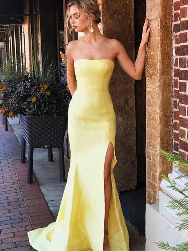 Strapless Mermaid Yellow Satin Long Prom Dresses, Strapless Yellow Formal Evening Dresses