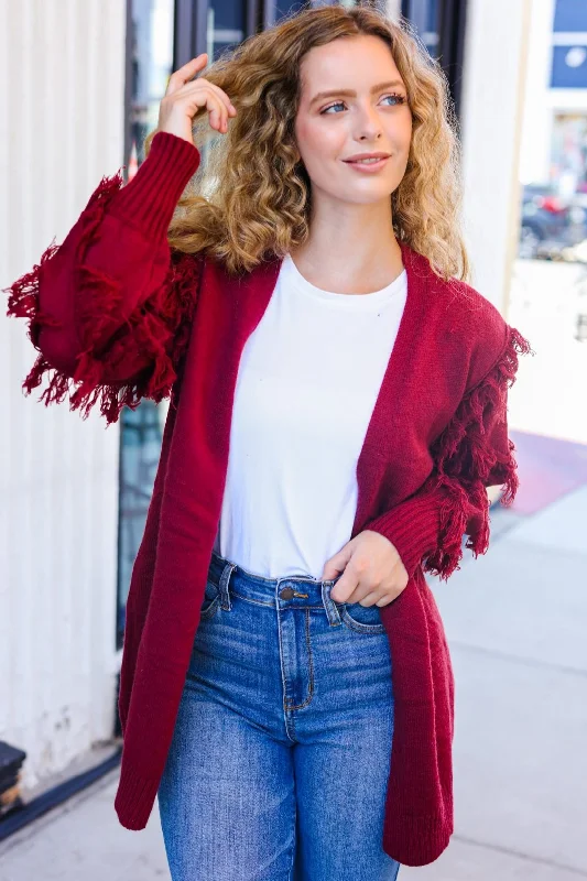 Beautiful You Burgundy Fringe Detail Knit Cardigan Anti-Pilling Anti-Shrink Durable