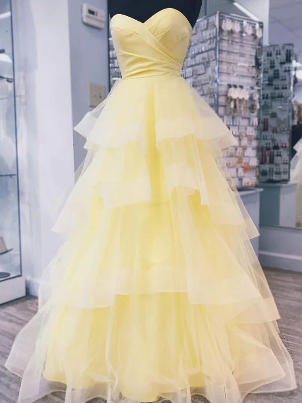 Sweethart Neck Floor Length Yellow Puffy Prom Dresses, Yellow Floor Length Puffy Formal Graduation Evening Dresses