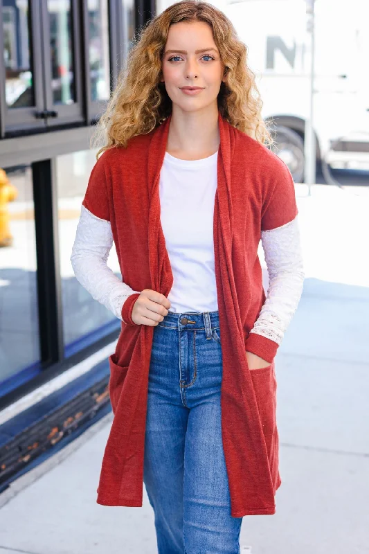Casual Days Rust Lace Sleeve Front Pocket Hacci Cardigan Rayon Fabric Velvet Fabric Corduroy Fabric Casual Days Rust Lace Sleeve Front Pocket Hacci Cardigan Rayon Fabric Velvet Fabric Corduroy Fabric