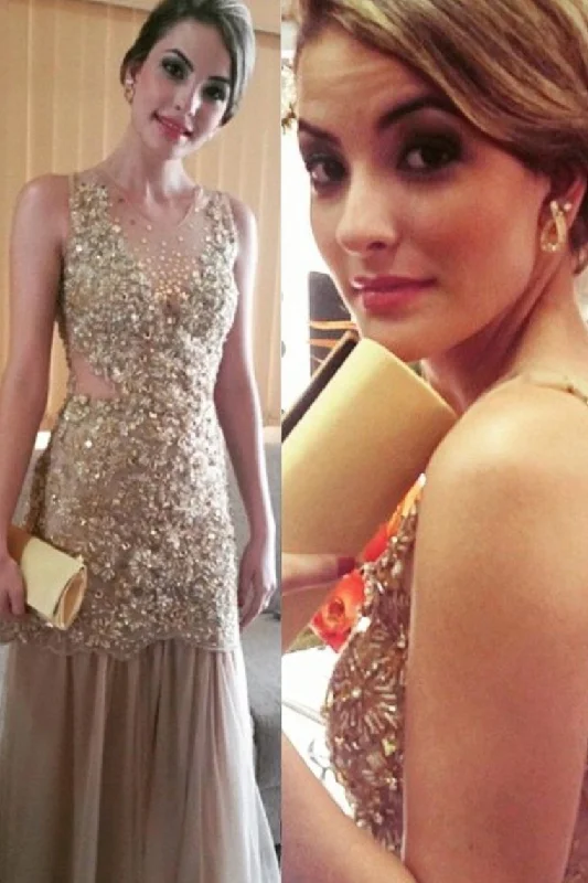 Scoop Prom Dresses Mermaid Beaded Bodice Tulle Sweep Train