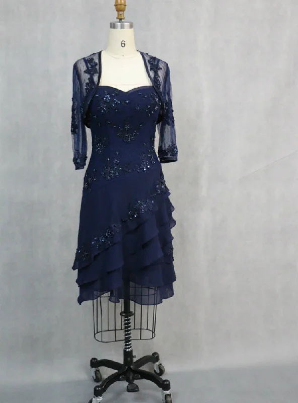 Blue Appliqued 3/4 Sleeve Knee Length Mother of the Bride Dress With Jacket Herringbone Jacket Checkered Jacket Solid Jacket Blue Appliqued 3/4 Sleeve Knee Length Mother of the Bride Dress With Jacket Herringbone Jacket Checkered Jacket Solid Jacket