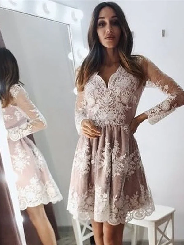 V Neck Long Sleeves Champagne Lace Prom Dresses, Long Sleeves Champagne Lace Formal Graduation Dresses