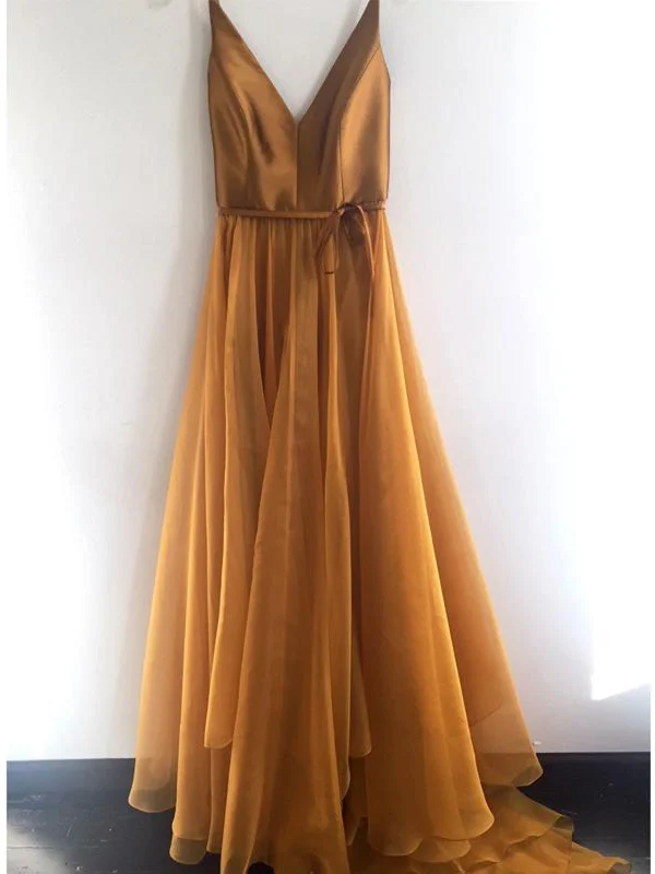 A Line V Neck Spaghetti Straps Tulle Prom Dresses, V Neck Tulle Graduation Evening Formal Dresses