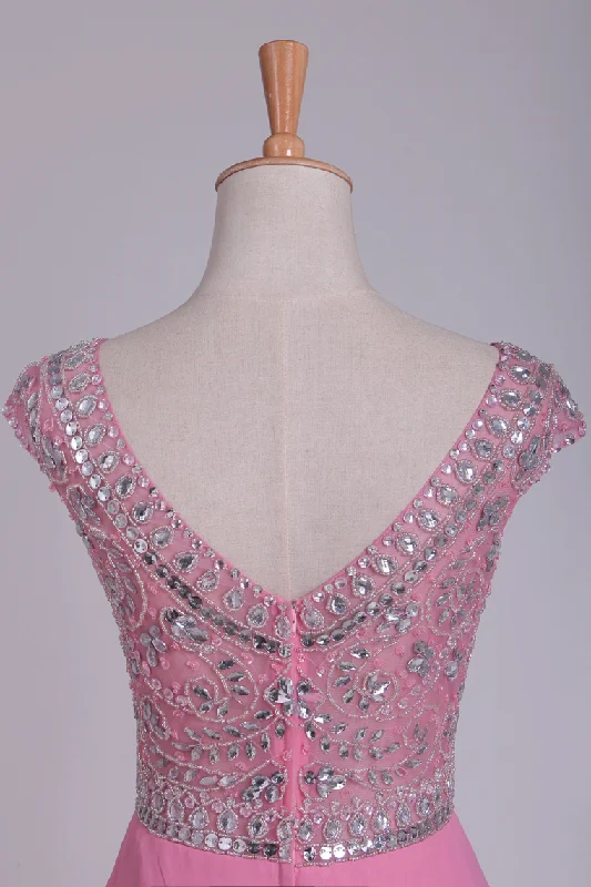 Scoop Prom Dresses Cap Sleeves A Line With Beading Sweep Train