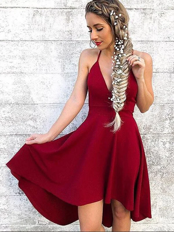 Custom Made A Line V Neck Burgundy High Low Prom Dresses, Burgundy High Low Formal Graduation Evening Dresses
