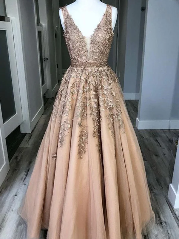 A Line V Neck Champagne Lace Prom Dresses, V Neck Lace Formal Graduation Dresses, Champagne Evening Dresses