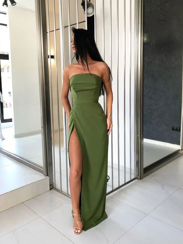 Strapless Green Prom Dresses with High Leg Slit, Green Formal Dresses, Evening Dresses Strapless Green Prom Dresses with High Leg Slit, Green Formal Dresses, Evening Dresses