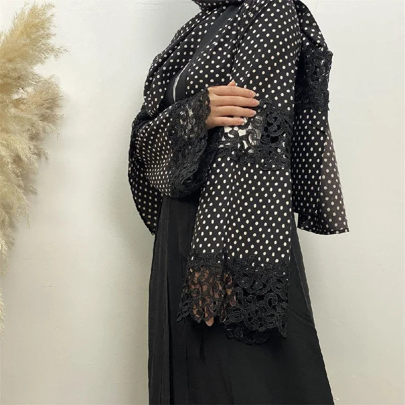 Women Fashion Black Lace Patchwork Polka Dot Cardigan Mesh Blend Leather Blend Suede Blend Women Fashion Black Lace Patchwork Polka Dot Cardigan Mesh Blend Leather Blend Suede Blend