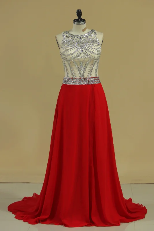 Scoop Prom Dresses A Line Beaded Bodice Court Train Chiffon