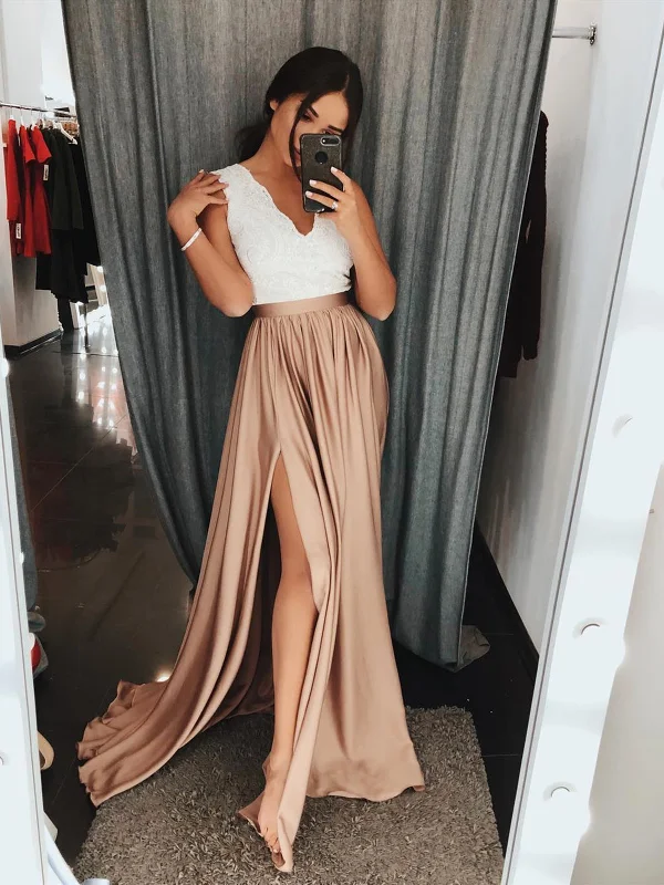 A Line V Neck White Lace Champagne Prom Dresses Long, White Lace Champagne Formal Graduation Dresses A Line V Neck White Lace Champagne Prom Dresses Long, White Lace Champagne Formal Graduation Dresses