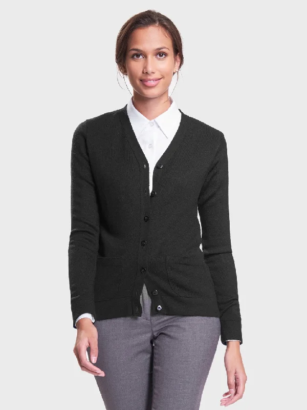Ladies' 2 Pocket V-Neck Cardigan Sweater - Black Open Front Closed Front Wrap Front