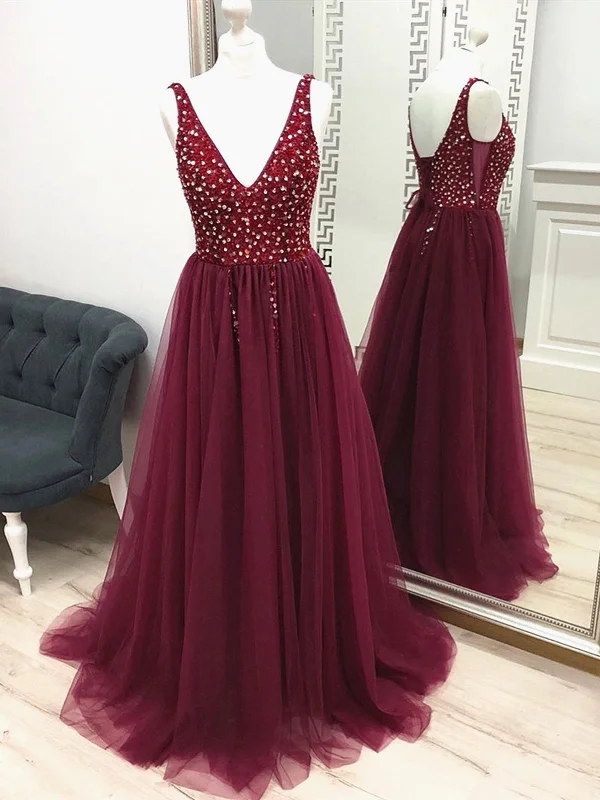 Custom Made A Line V Neck Beaded Burgundy Prom Dresses, Wine Red Beaded Formal Evening Dresses Custom Made A Line V Neck Beaded Burgundy Prom Dresses, Wine Red Beaded Formal Evening Dresses