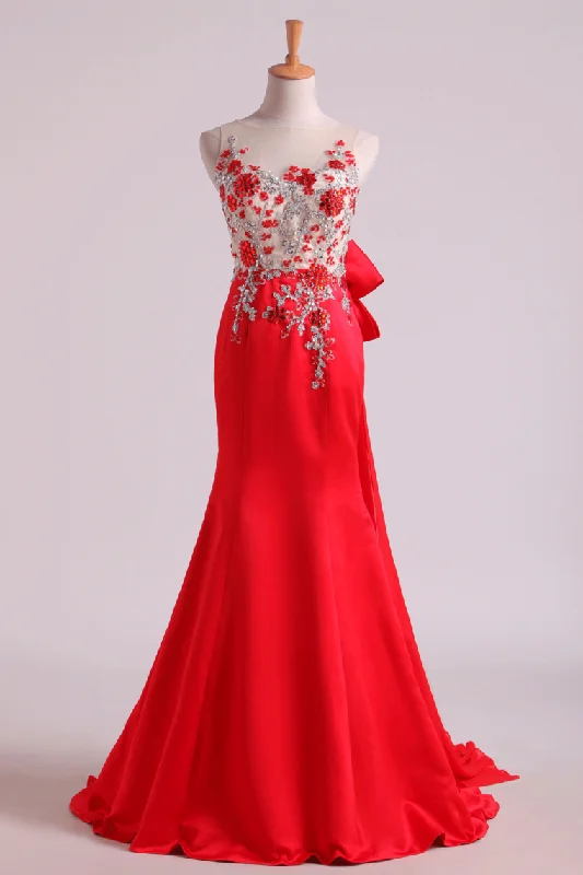 Scoop Prom Dresses Mermaid/Trumpet Satin With Applique & Beading