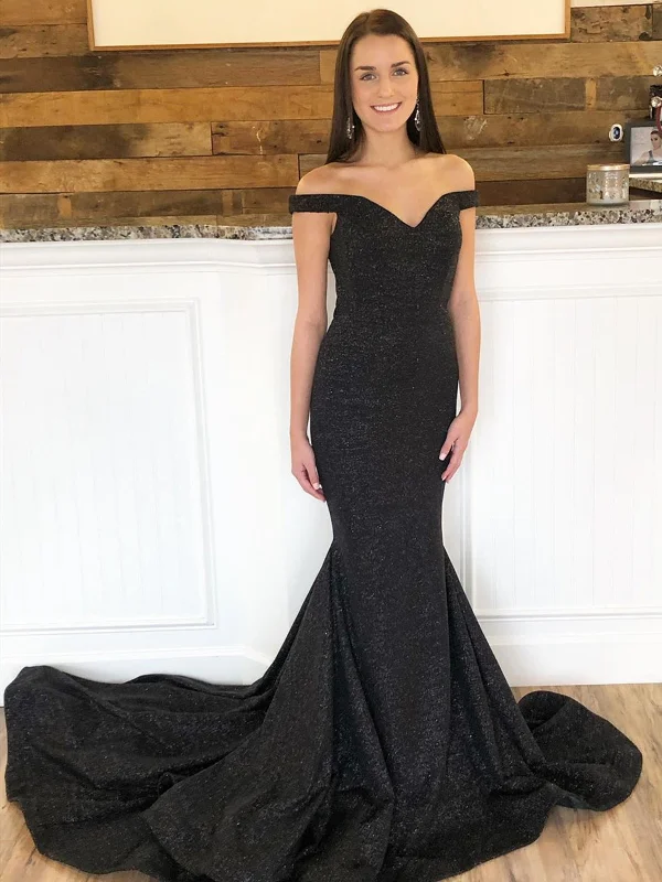 Off the Shoulder Black Mermaid Prom Dresses with Train, Off the Shoulder Black Mermaid Formal Evening Dresses