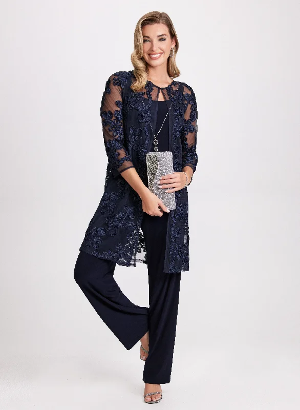 Sheer Floral Jacket, Camisole & Pant Set Front Pockets Side Pockets Patch Pockets