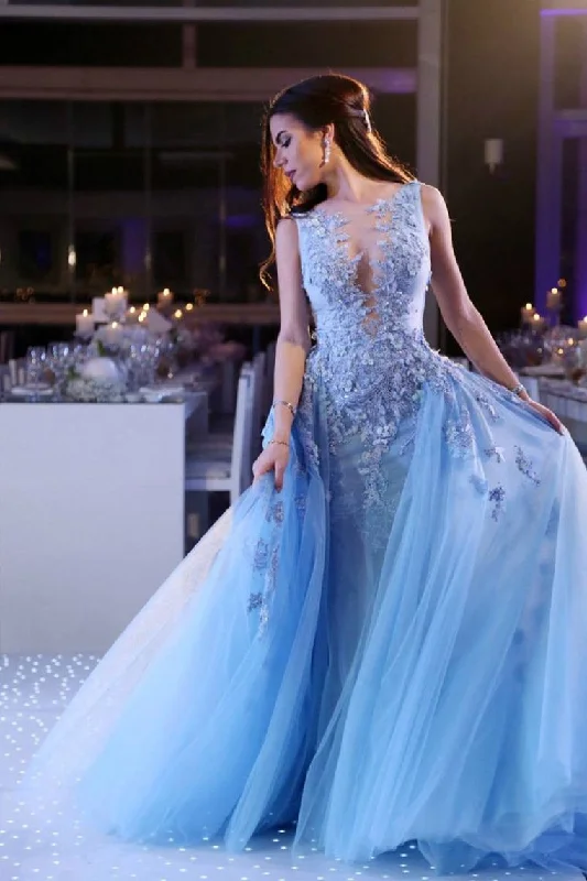 Scoop Prom Dresses Mermaid Tulle With Applique Sweep Train Detachable