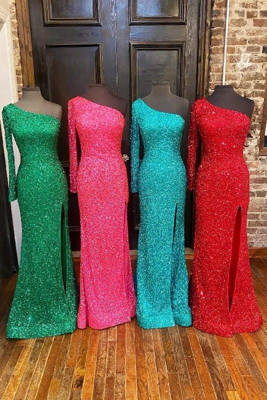 One Shoulder Long Sleeve Mermaid Sequin Long Dress