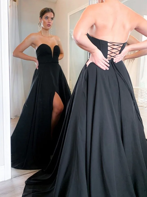 Sweetheart Neck Black Long Prom Dresses, Black Corset Back Formal Evening Dresses