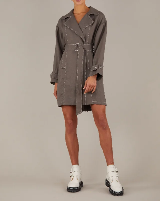 Elvie Linen Trench Jacket - Khaki Fleece Fabric Down Fabric Feather Fabric