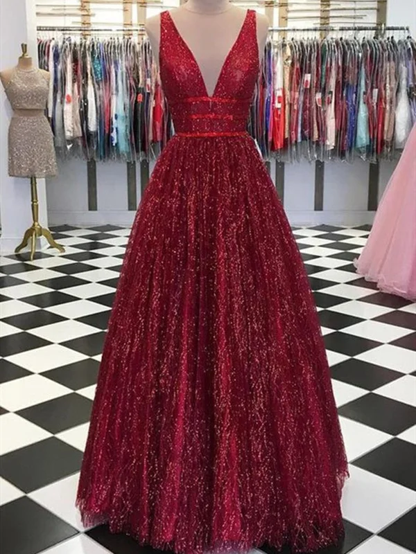 Shiny A Line V Neck Burgundy Prom Dresses, Burgundy V Neck Formal Graduation Evening Dresses Shiny A Line V Neck Burgundy Prom Dresses, Burgundy V Neck Formal Graduation Evening Dresses