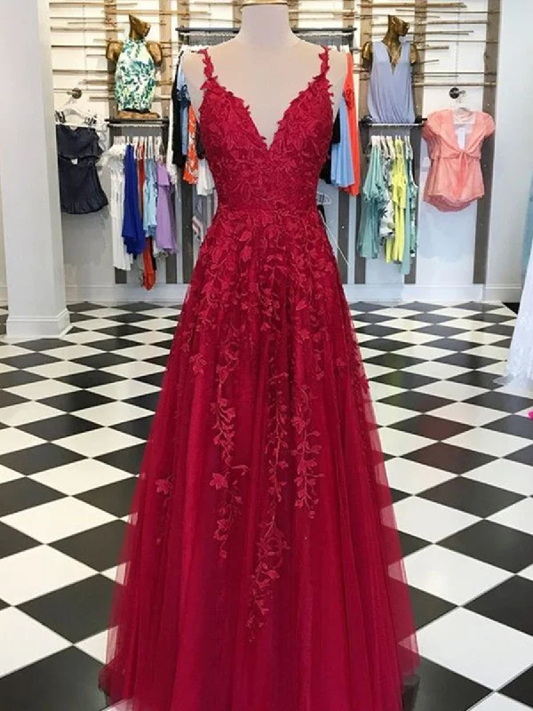 A Line V Neck Burgundy Lace Prom Dresses, Burgundy Lace Formal Dresses, V Neck Graduation Dresses A Line V Neck Burgundy Lace Prom Dresses, Burgundy Lace Formal Dresses, V Neck Graduation Dresses
