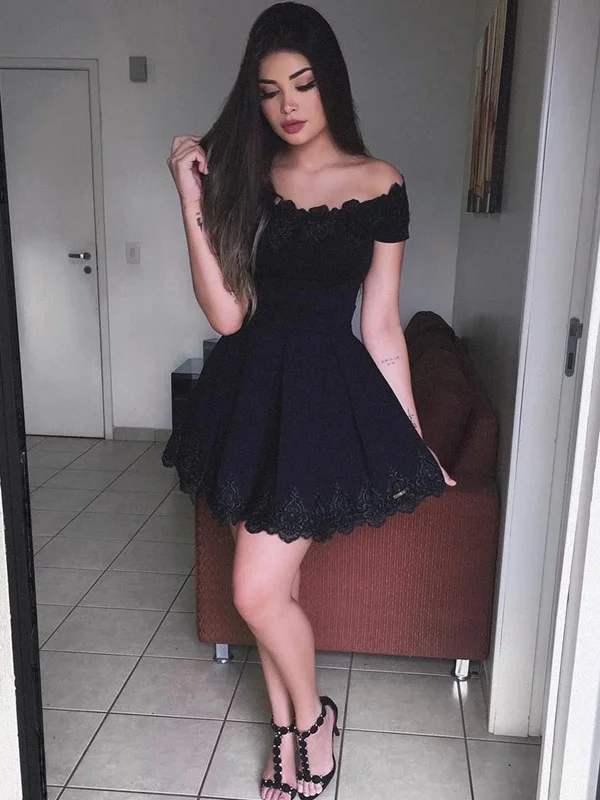 Off the Shoulder Short Black Lace Prom Dresses, Short Black Off Shoulder Formal Graduation Dresses