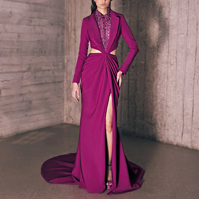 Draped Fuchsia Crêpe Marocain Jacket Dress Zippered Front Buttoned Front Snap Front Draped Fuchsia Crêpe Marocain Jacket Dress Zippered Front Buttoned Front Snap Front