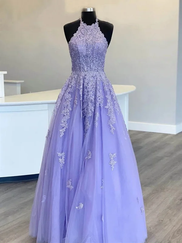 Halter Neck Purple Long Lace Prom Dresses, Halter Neck Purple Lace Formal Evening Dresses Halter Neck Purple Long Lace Prom Dresses, Halter Neck Purple Lace Formal Evening Dresses