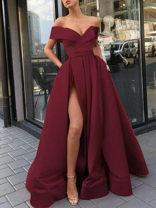 Custom Made High Slit Off Shoulder Burgundy Prom Dress, Burgundy Formal Dresses, Graduation Dresses Custom Made High Slit Off Shoulder Burgundy Prom Dress, Burgundy Formal Dresses, Graduation Dresses