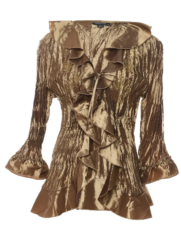Bronze Metallic Ruffle Front Evening Jacket - XL Fitted Jacket Loose Jacket Oversized Jacket