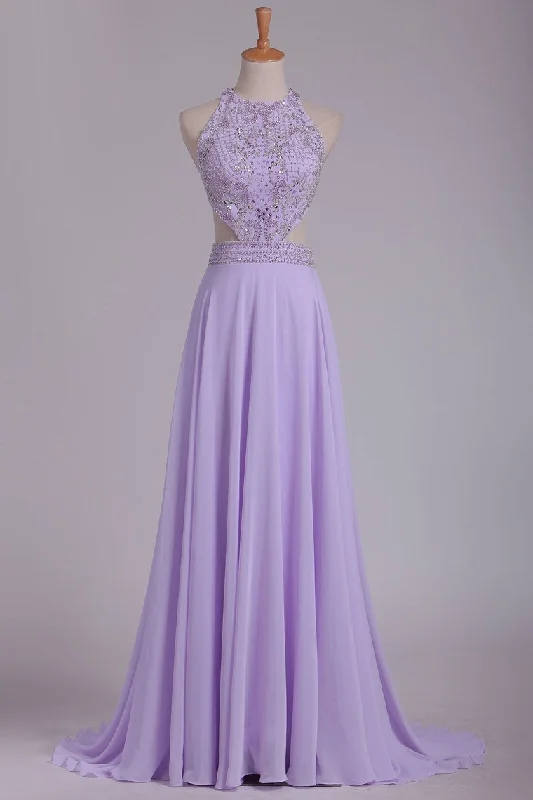 Scoop Prom Dresses A Line Chiffon With Beading Sweep Train
