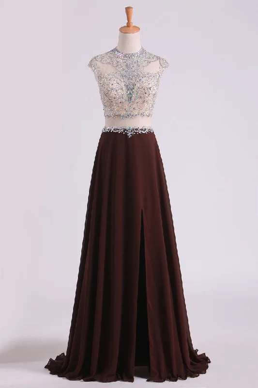 Scoop Prom Dresses A Line Beaded Bodice Chiffon & Tulle With Slit Color Chocolate