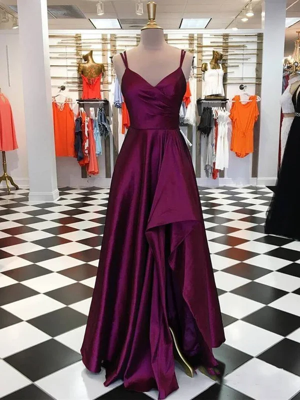 A Line V Neck Purple High Low Satin Prom Dresses, High Low Purple Formal Graduation Evening Dresses A Line V Neck Purple High Low Satin Prom Dresses, High Low Purple Formal Graduation Evening Dresses