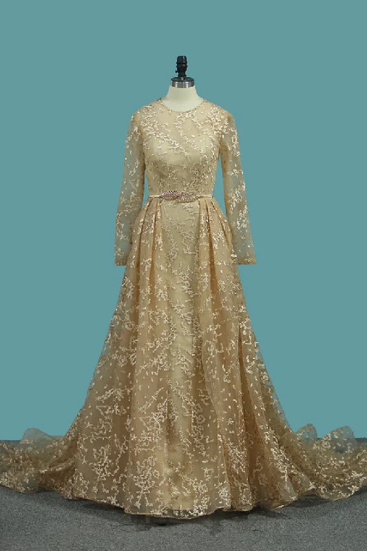 Scoop Long Sleeves Lace Prom Dresses With Sash Sweep/Brush Train