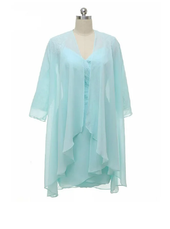 Mint Knee Length Modest Long Sleeve Mother Of The Bride Dresses With Jacket Boat Neck Shawl Collar Notched Collar