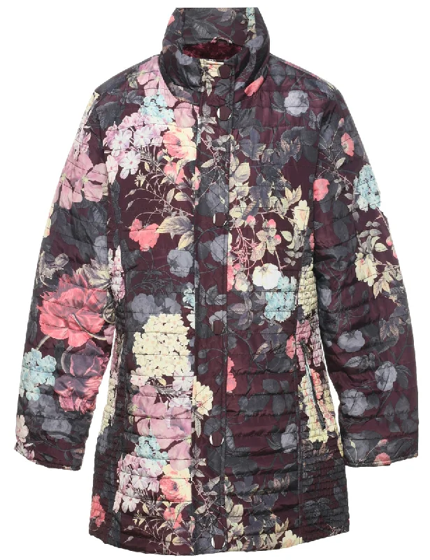 Floral Pattern Puffer Jacket - M Satin Jacket Silk Jacket Chiffon Jacket