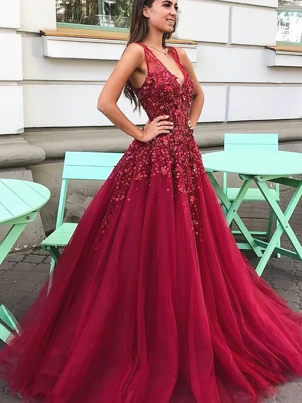 A Line V Neck Burgundy Beaded Prom Dresses, Wine Red V Neck Tulle Formal Evening Dresses A Line V Neck Burgundy Beaded Prom Dresses, Wine Red V Neck Tulle Formal Evening Dresses