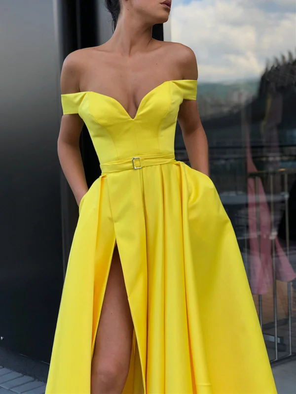 Off the Shoulder Yellow Prom Dress with Leg Slit, Yellow Off Shoulder Floor Length Formal Graduation Evening Dresses Off the Shoulder Yellow Prom Dress with Leg Slit, Yellow Off Shoulder Floor Length Formal Graduation Evening Dresses