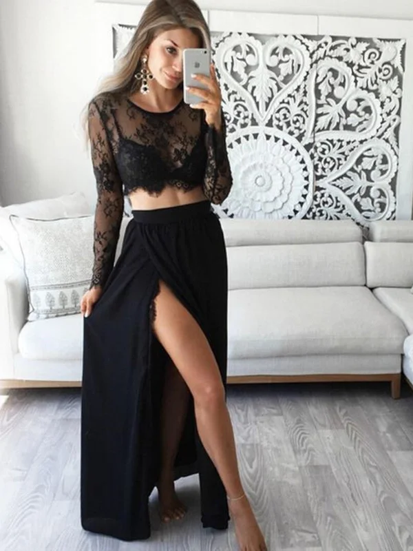 A Line Round Neck Long Sleeves Black Lace Prom Dresses, Long Sleeves Lace Formal Dresses, Black Lace Graduation Dresses A Line Round Neck Long Sleeves Black Lace Prom Dresses, Long Sleeves Lace Formal Dresses, Black Lace Graduation Dresses