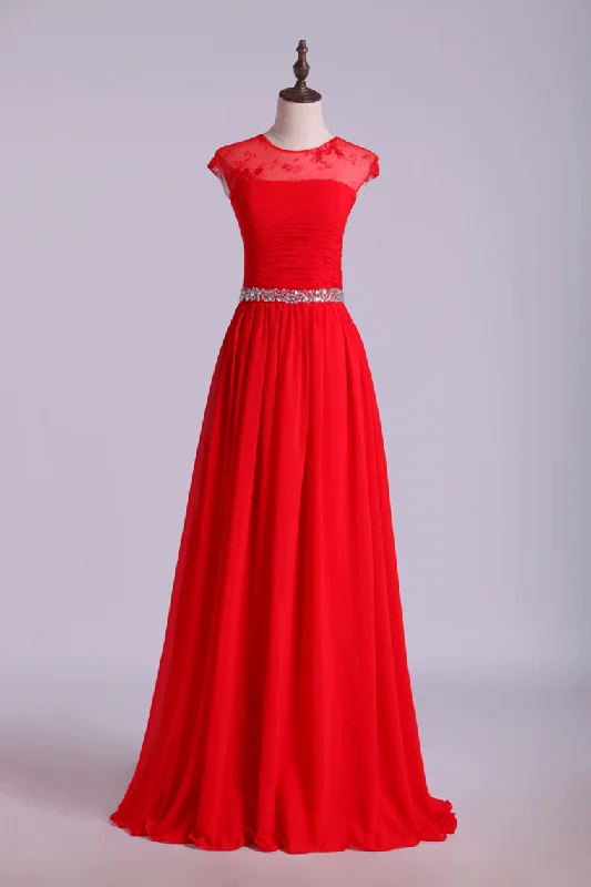 Scoop Neckline Ruffled Prom Dress Short Lace Sleeves With Shirred Chiffon Skirt