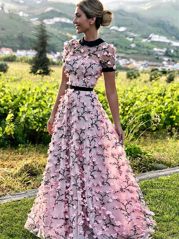 A Line Round Neck Short Sleeves 3D Flower Prom Dresses, 3D Flower Formal Dresses, Graduation Dresses A Line Round Neck Short Sleeves 3D Flower Prom Dresses, 3D Flower Formal Dresses, Graduation Dresses