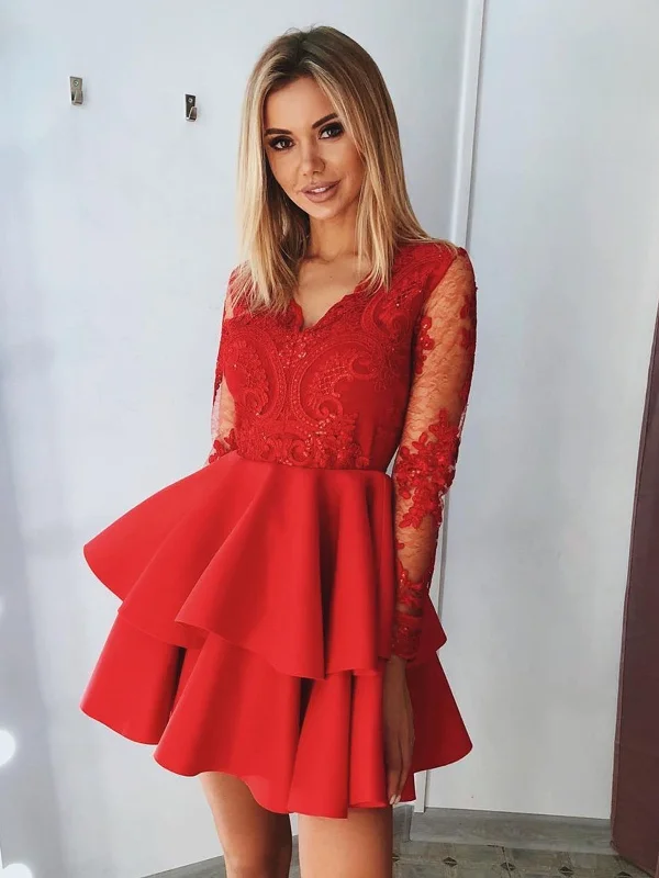 V Neck Long Sleeves Short Red Lace Prom Dresses, Short Red Lace Long Sleeves Formal Graduation Dresses V Neck Long Sleeves Short Red Lace Prom Dresses, Short Red Lace Long Sleeves Formal Graduation Dresses