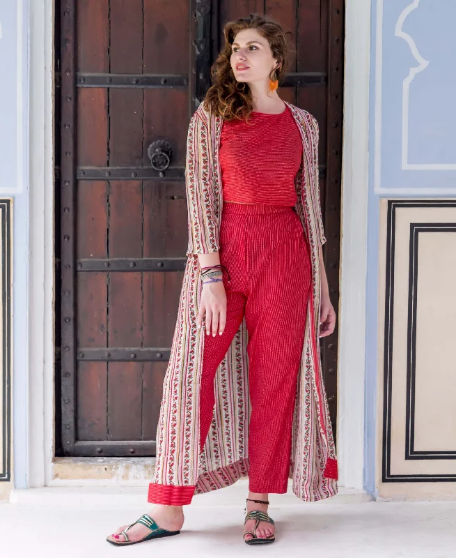 Red Indowestern Crop Top with High Waist Pants and Printed Jacket Nylon Fabric Polyester Fabric Spandex Fabric Red Indowestern Crop Top with High Waist Pants and Printed Jacket Nylon Fabric Polyester Fabric Spandex Fabric