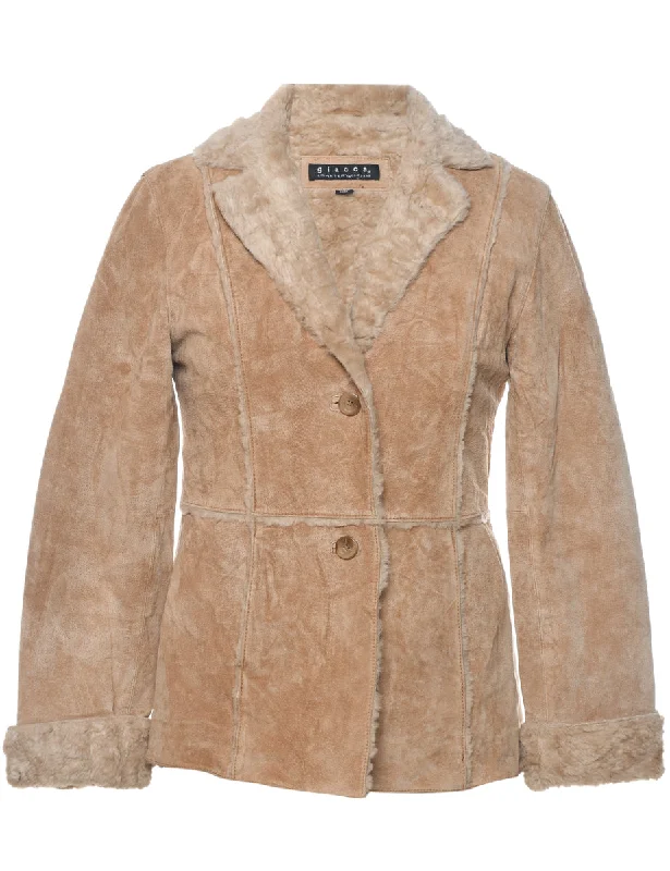 Brown Shearling Suede Jacket - S Stand-Up Collar Roll-Neck Collar Turtle Neck